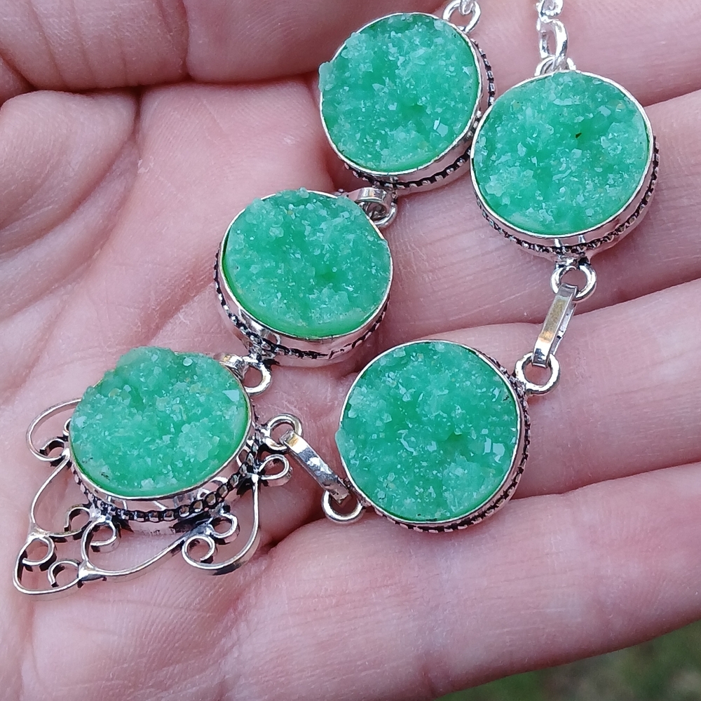 New Green Druzy 925 Silver Necklace.